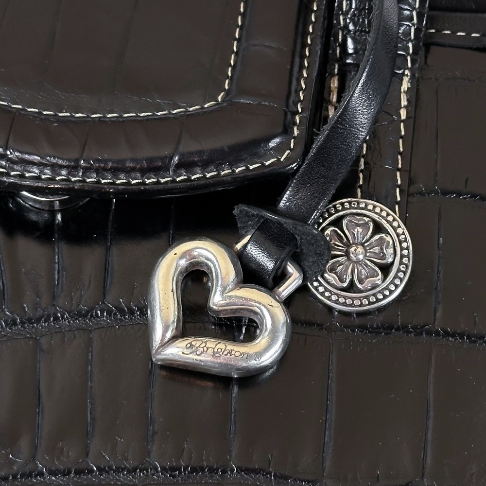 Brighton Black Leather Croc Embossed Shoulder Bag Heart Charm Tote Purse - Picture 15 of 16
